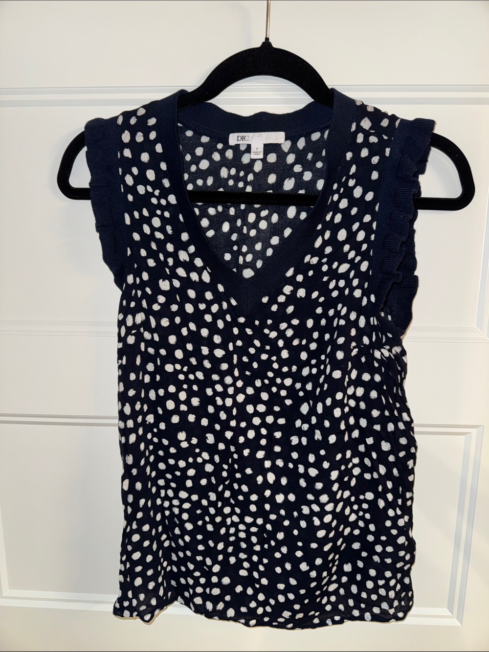 DR2 Navy and White Polka Dot Ruffle Sleeve V-Neck Tank